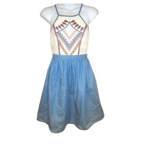 Flying Tomato Chambray Mini Dress With Embroidery Size XS Strappy Back Boho
